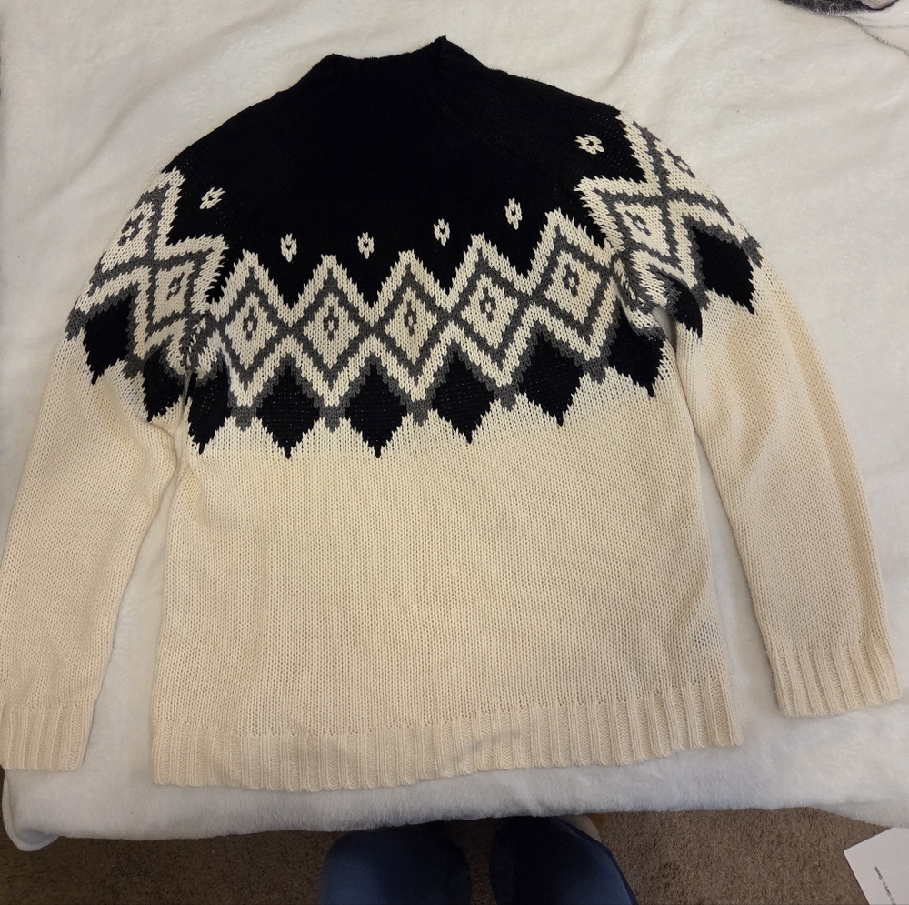 SHEIN Black & Cream Fair Isle Cowl-Neck Sweater Chunky Knit Sweater